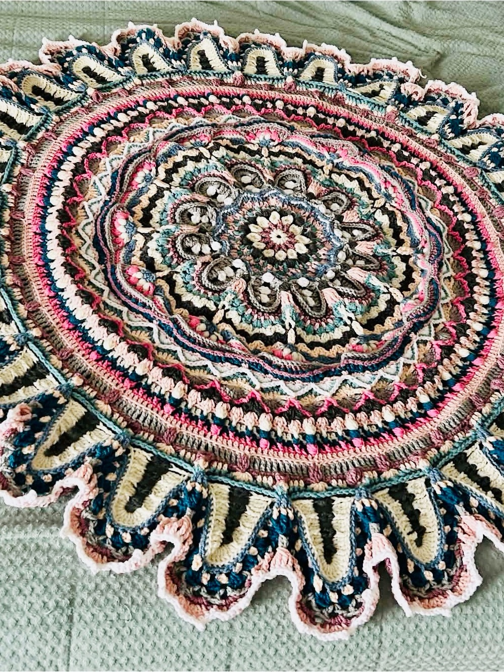 Handmade Round Crochet Throw - Pink, Blue & Cream Boho Mandala 52" round.